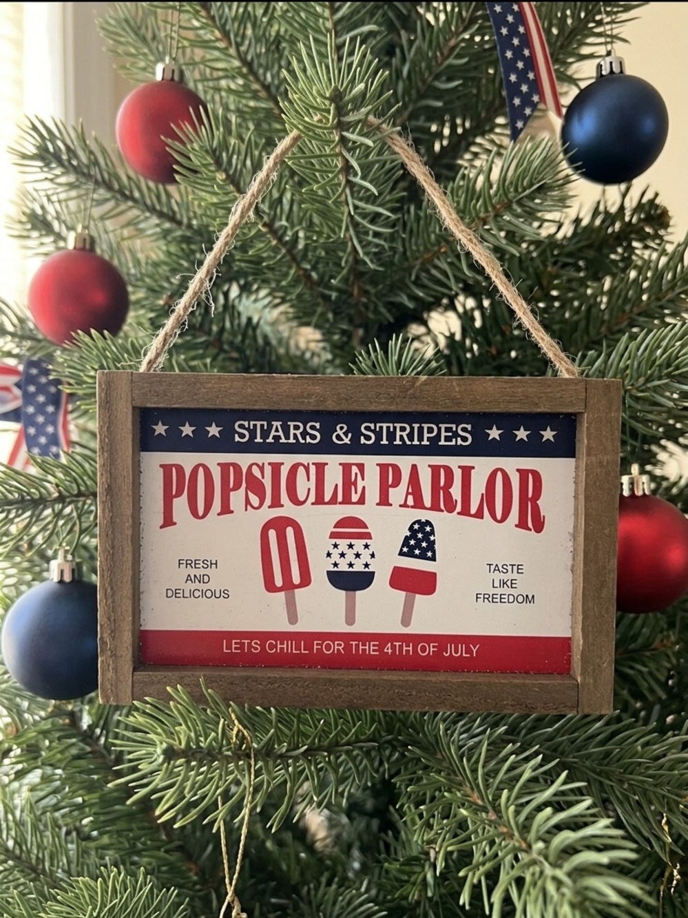 Patriotic Popsicle Parlor Wood Ornament Sign 4th of July Stars Stripes Red Blue